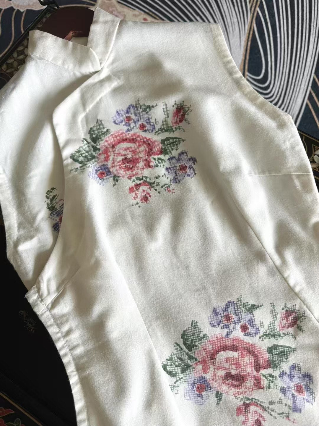 40年代 - 纯白棉质法式复古印花旗袍 / 1940s - Pure white cotton French retro-print Qipao