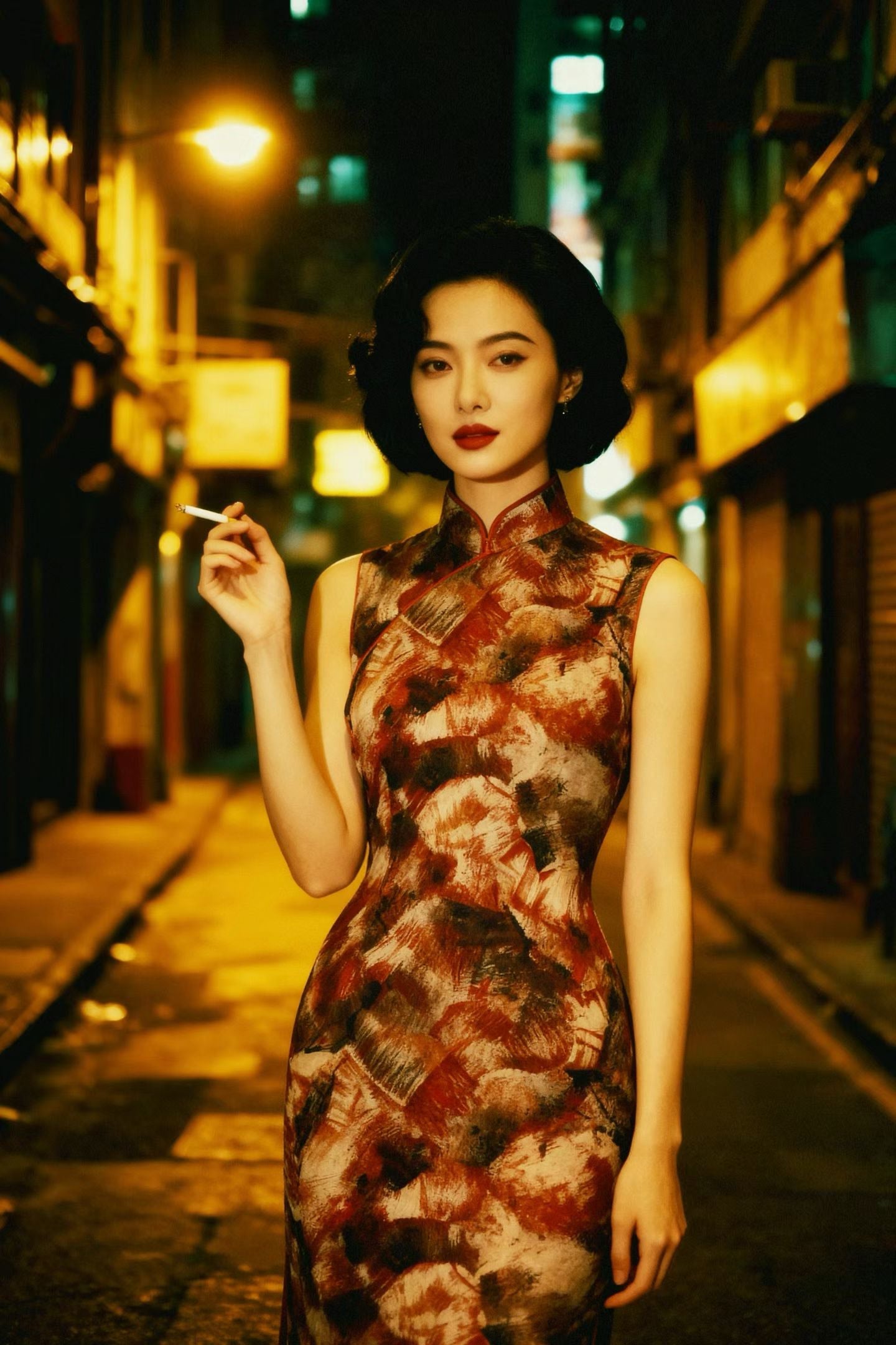 50年代 - 「抽象枫意」：上世纪五十年代古董羊毛抽象枫叶纹港式旗袍 / 1950s - "Abstract Autumn Intent": A 1950s Vintage Hong Kong Qipao in Abstract Maple Motif and Fine Wool