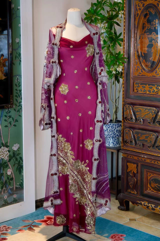 高定成衣 - 1930年代复古风华：老好莱坞系列手工钉珠真丝斜裁晚礼服及外套套装 | Luxury Ready-to-Wear (RTW) - 1930s Vintage style beaded sequined evening old Hollywood Silk Bias Cut Gown with jacket set