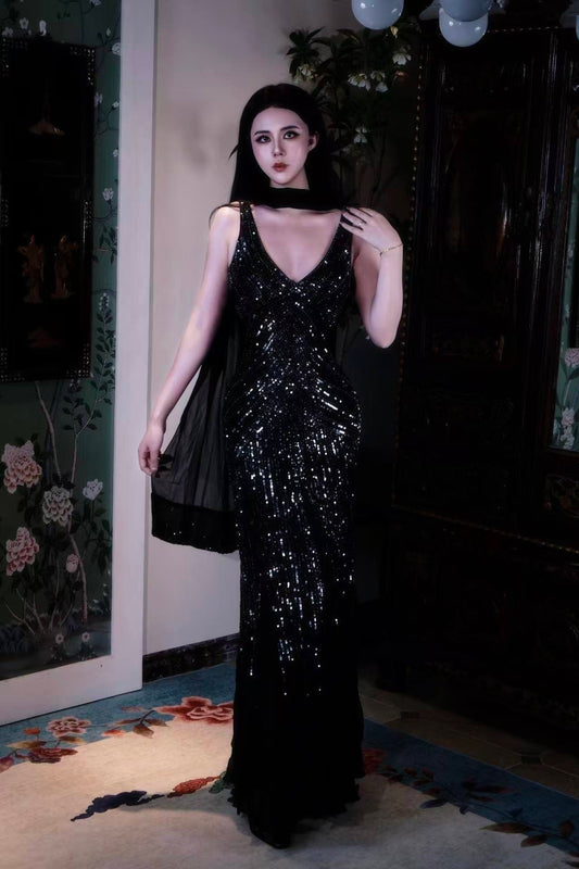 90年代 - 午夜星河·九十年代好莱坞鎏金亮片鱼尾古董礼服 | 1990s - Midnight Galaxy: 1990s Hollywood Gilded Sequin Mermaid Vintage Gown