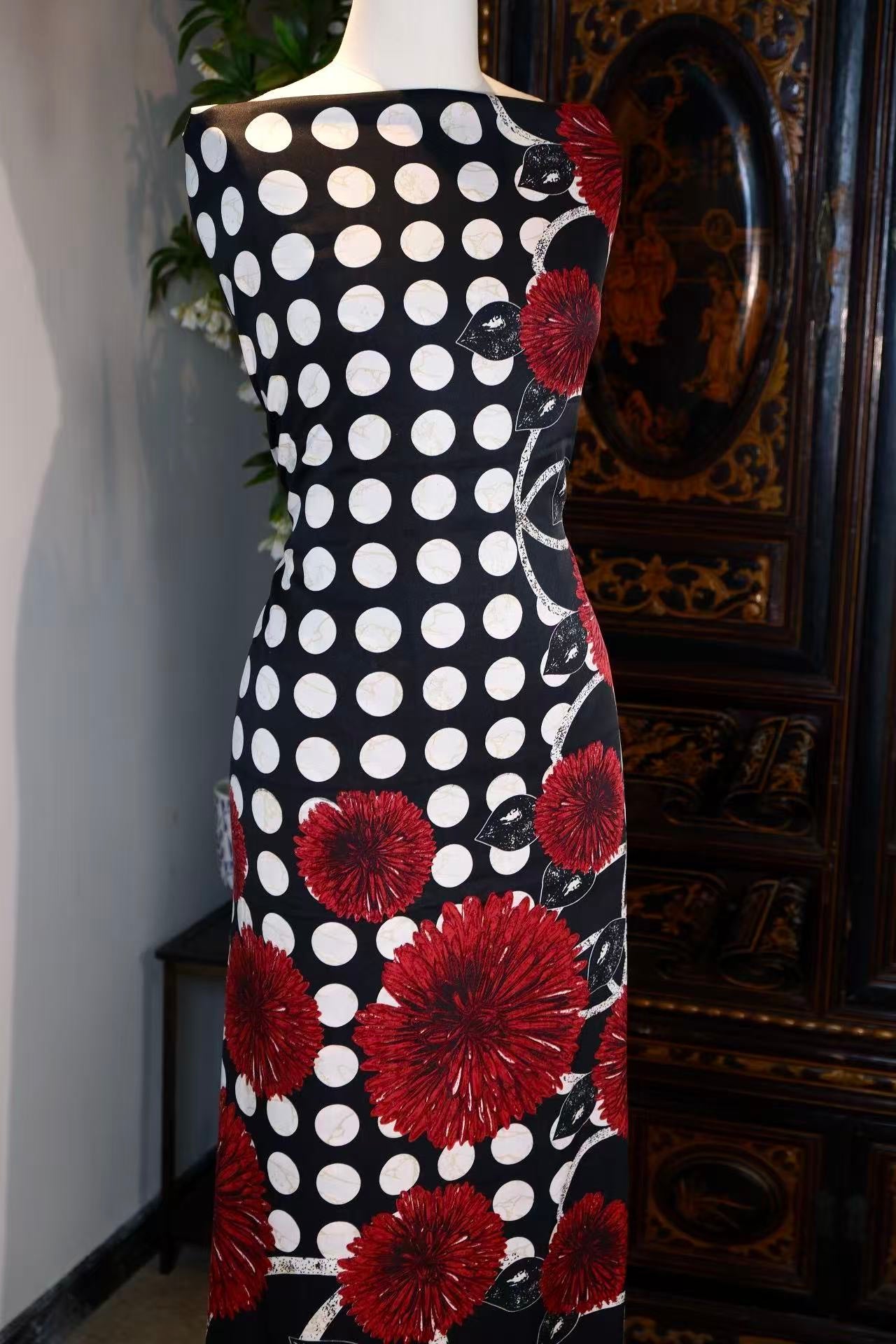 布料名 - “绯红波普之圆：六十年代幻影下的重瓣大丽花真丝艺术面料” | Fabric Name - "Scarlet Pop Circles: 1960s Visionary Dahlia & Polka Dot Artisan Silk Fabric"