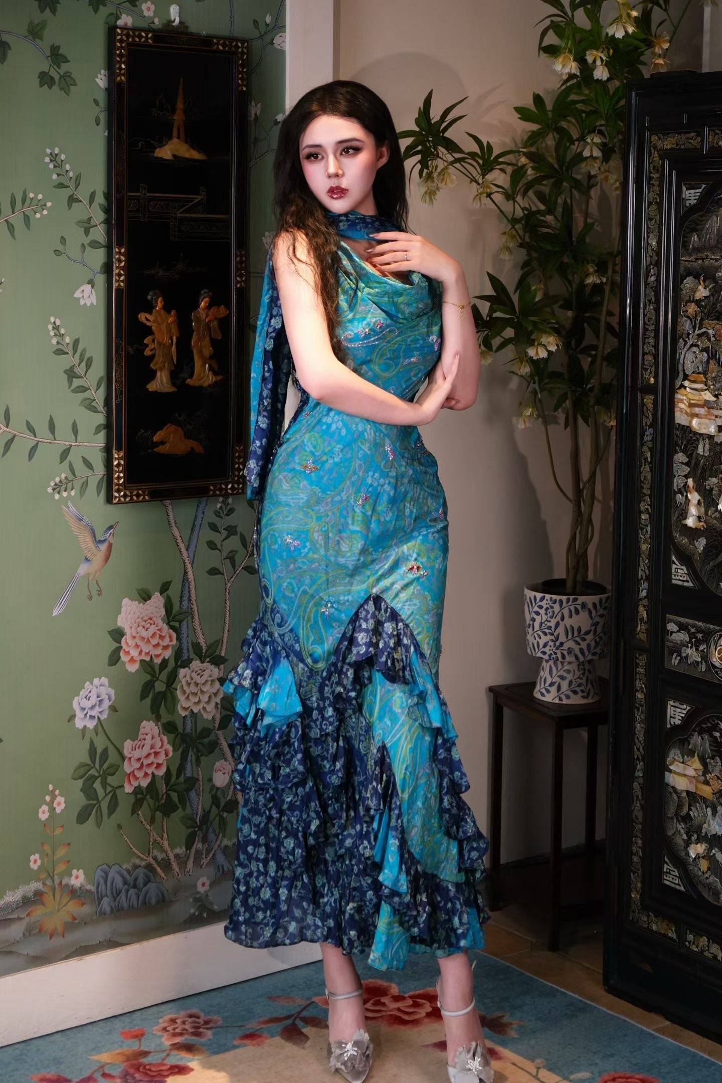 高定成衣 -「海藍蝶舞・復古佩斯利」垂墜領口荷葉魚尾晚禮服 / Luxury Ready-to-Wear (RTW) - "Ocean Azure Butterfly Dance・Vintage Paisley" Cowl Neck Ruffled Mermaid Evening Gown
