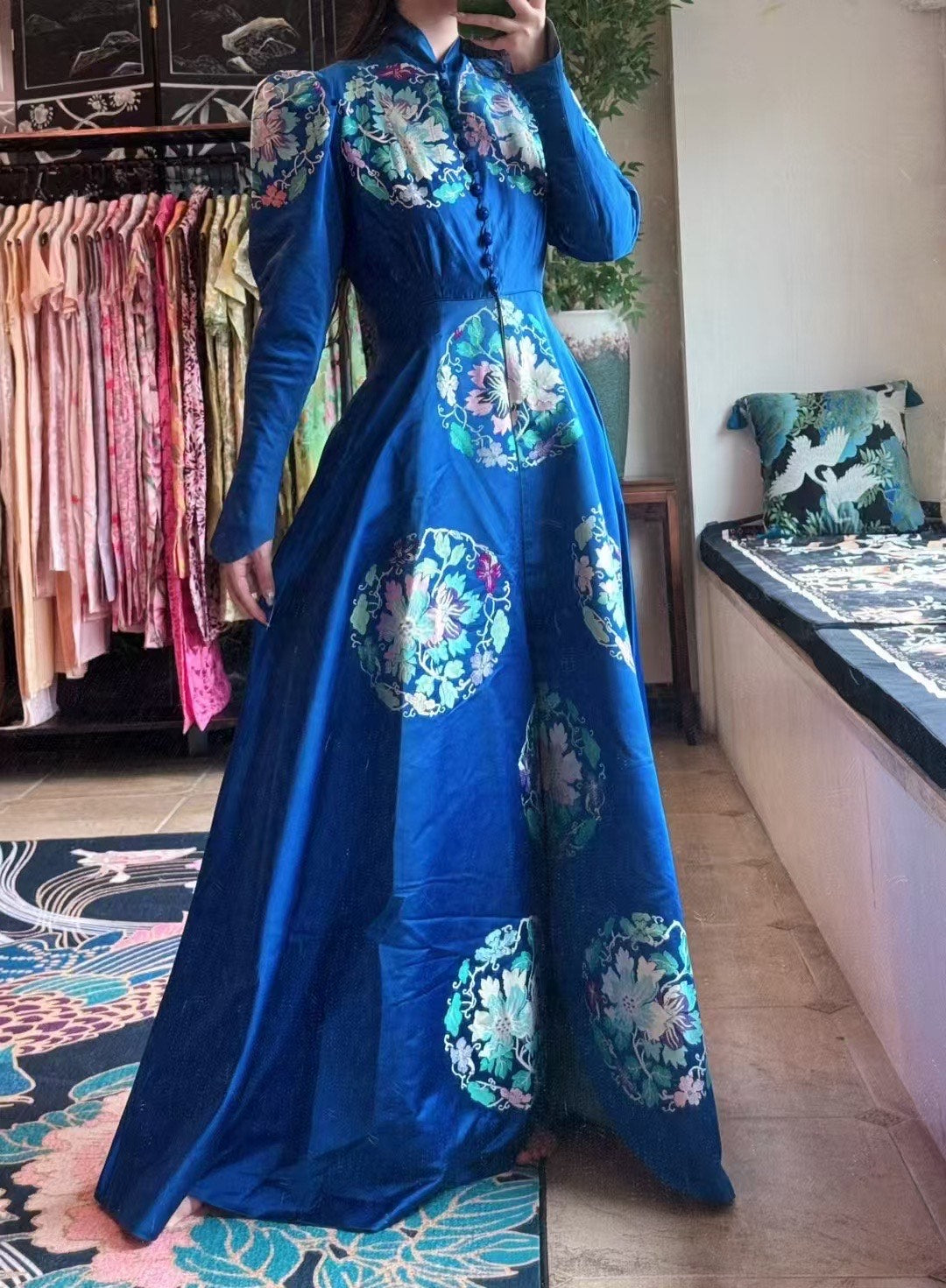 Vintage 长裙 - 👑 宝蓝回溯：清代典藏面料30s羊腿袖复古宫廷长礼服 | Vintage Maxi Dress - "Royal Blue Retrospect": Qing Dynasty Archival Fabric 30s Leg-of-Mutton Sleeve Vintage Court Long Gown