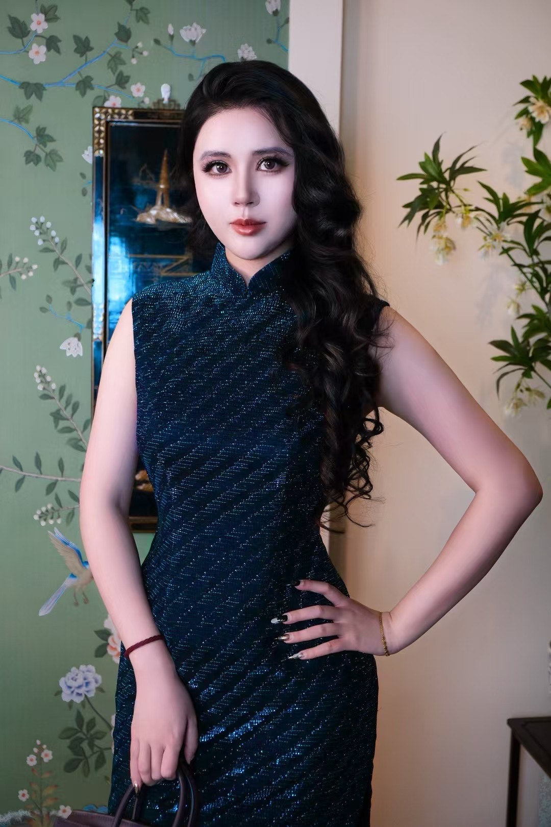 60年代 - 夜阑星辰•黛青亮片丝绒无袖高开衩修身旗袍 | 1960s - Celestial Midnight: Sequined Teal-Black Velvet Sleeveless High-Slit Cheongsam