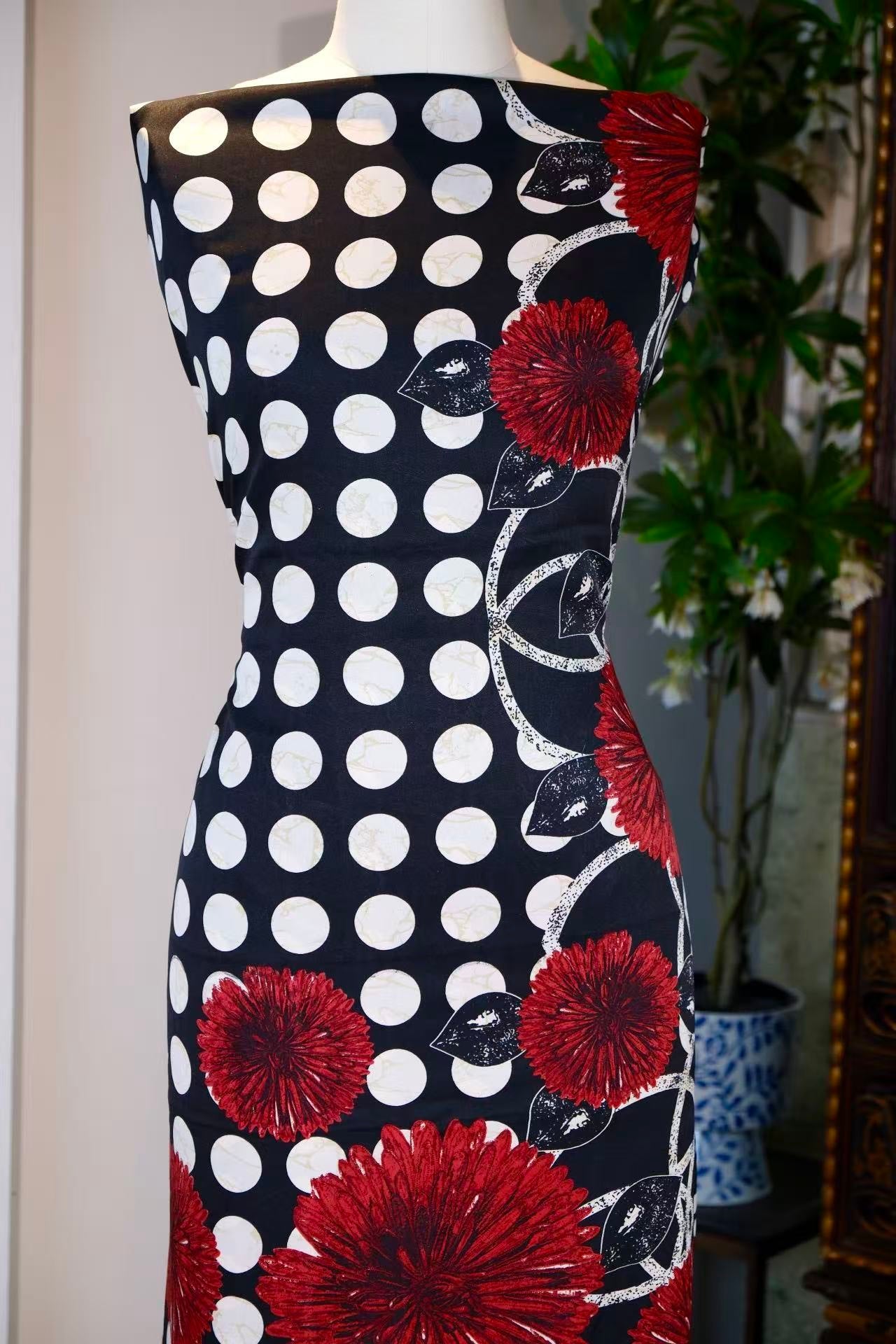 布料名 - “绯红波普之圆：六十年代幻影下的重瓣大丽花真丝艺术面料” | Fabric Name - "Scarlet Pop Circles: 1960s Visionary Dahlia & Polka Dot Artisan Silk Fabric"