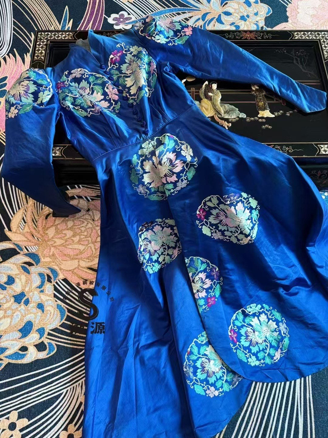 Vintage 长裙 - 👑 宝蓝回溯：清代典藏面料30s羊腿袖复古宫廷长礼服 | Vintage Maxi Dress - "Royal Blue Retrospect": Qing Dynasty Archival Fabric 30s Leg-of-Mutton Sleeve Vintage Court Long Gown