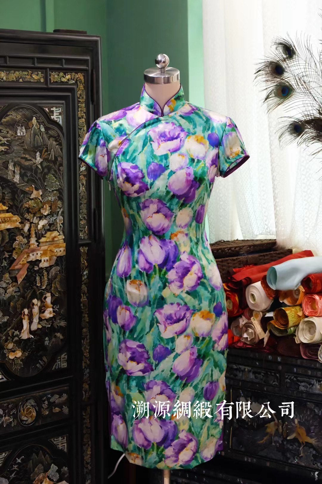 高定成衣 - Fasac奢华定制系列：英伦御用·限量郁金香印花油画真丝港式旗袍 | Luxury Ready-to-Wear (RTW) - Fasac Luxury Couture Collection: Royal Endorsed — Limited Edition Tulip Print Oil-Effect Silk Hong Kong Style Qipao