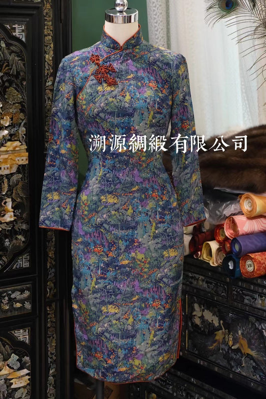 60年代 - Vintage 莫奈油畫綢緞嵌絲印花扣橘色線香绲港工旗袍 | 1960s - Vintage Monet Oil Painting Silk-Blend Jacquard Qipao with Orange Piping and Frog Buttons