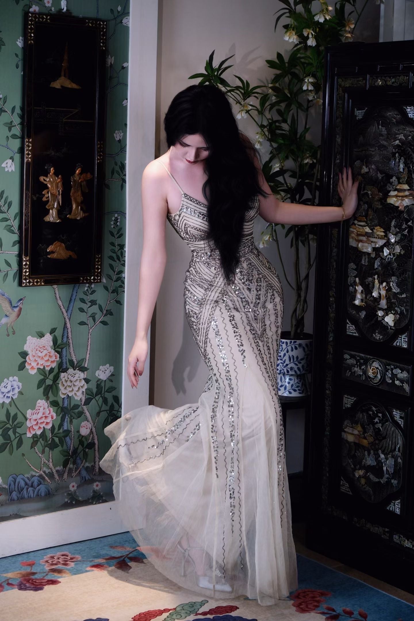 Vintage钉珠礼服👗- 流光溢彩九十年代复古鱼尾晚礼服：香槟米金色手工钉珠刺绣吊带修身长裙 / Vintage Beaded Dress - Glimmering Art Deco Mermaid Evening Gown: Champagne Beige Hand-Beaded Embroidery Spaghetti Strap Fitted Maxi Dress