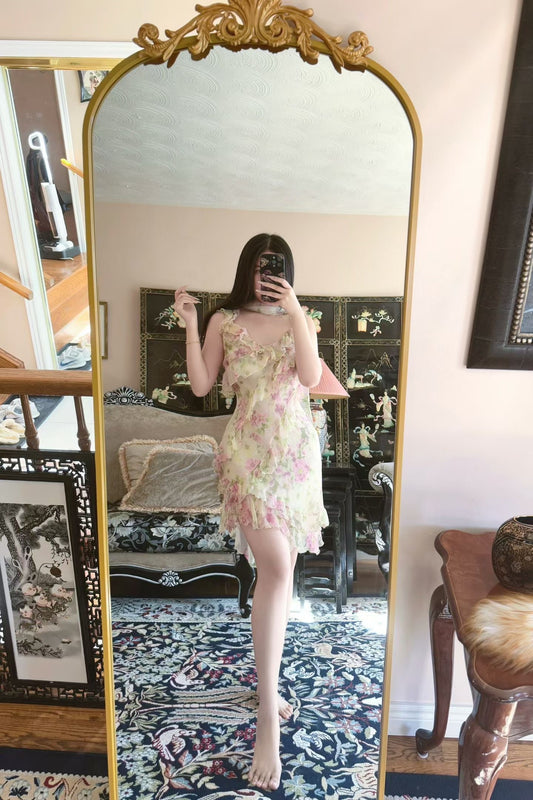 Vintage真丝礼服- 春日私语·法式复古碎花雪纺多层荷叶边吊带连衣裙配同色系飘带 / Vintage Silk Dress - Spring Whisper: French Retro Floral Chiffon Tiered Ruffle Cami Dress with Matching Scarf/Ribbon