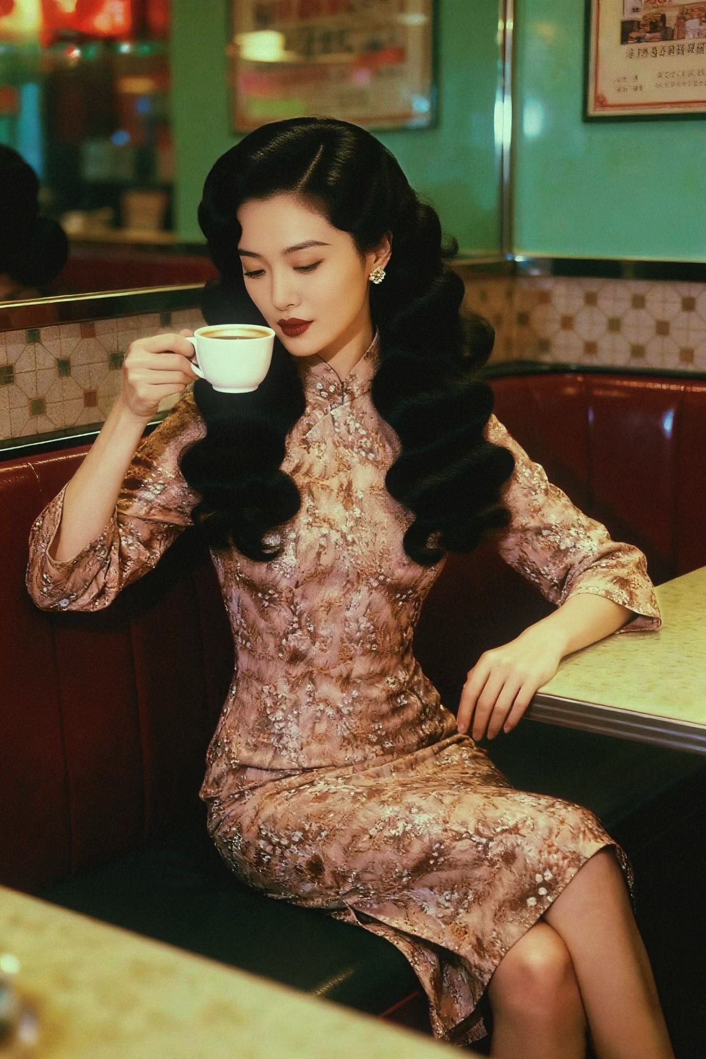 60年代 - 「光弧梨雪」：上世纪六十年代织银美拉德色抽象花卉古董港式旗袍 / 1960s - "Luminous Pear Blossom": A 1960s Vintage Hong Kong Qipao in Lurex-Woven Maillard-Tone Abstract Floral Print