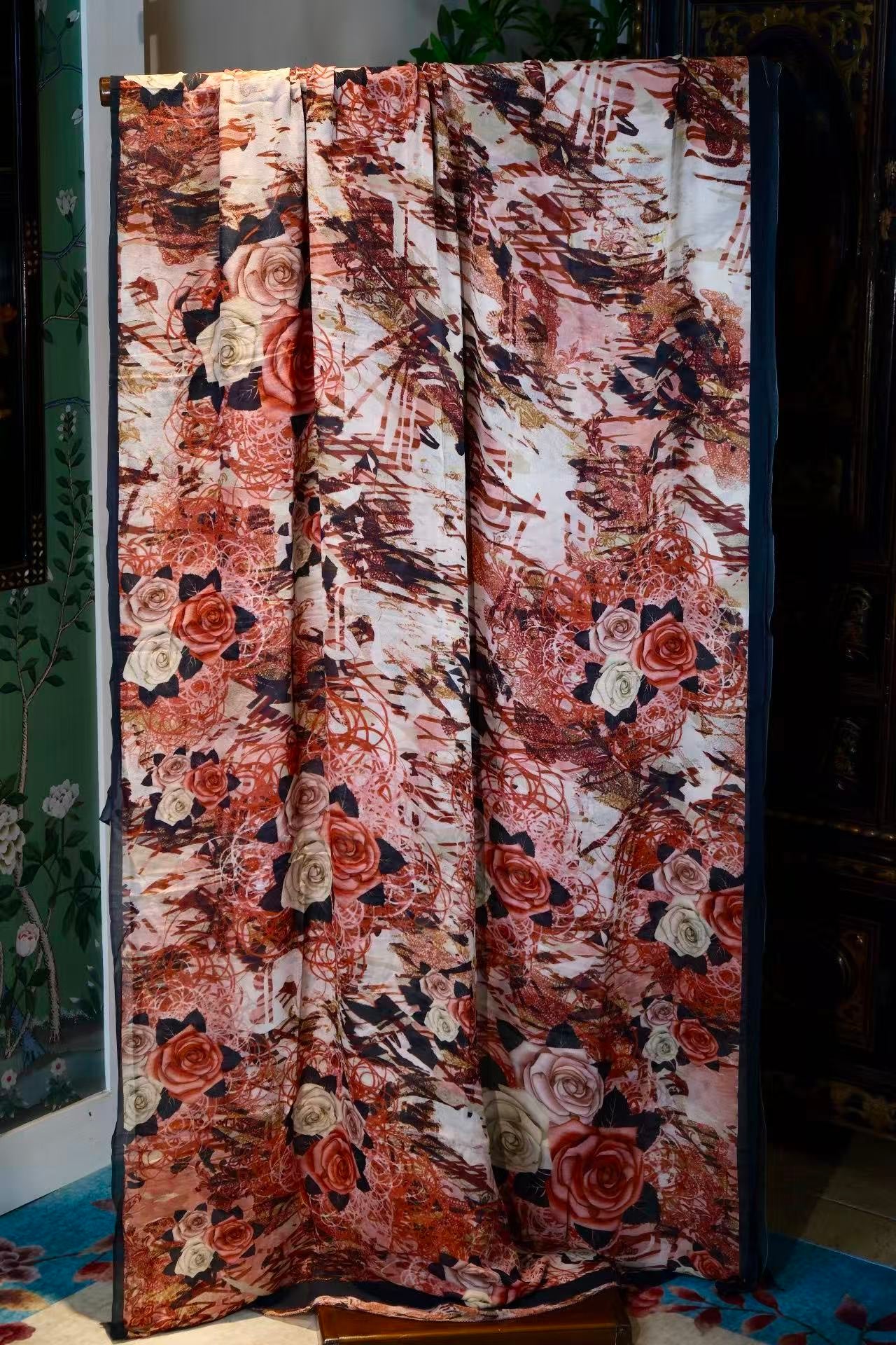 布料名 -《暮色玫瑰的抽象咏叹调：复古陶土色意象印花真丝面料》| Fabric Name - The Abstract Aria of Twilight Roses: Vintage Terracotta Imagery Printed Silk