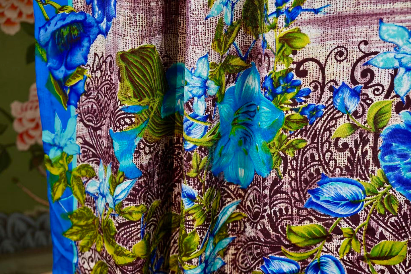布料名 -《蓝调幽谷·墨染繁花》—— 100% 重磅真丝印花绸 | Fabric Name - “Azure Valley & Ink Bloom” – Premium Mulberry Silk Habotai