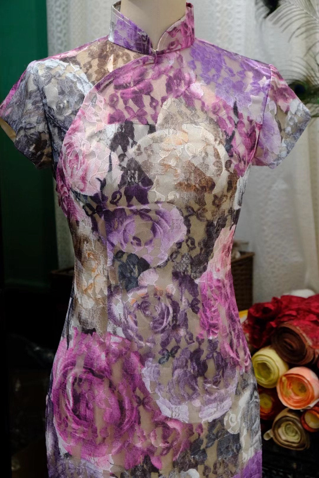 高定成衣 - Maxmara水墨染玫瑰蕾丝成衣 | Luxury Ready-to-Wear (RTW) - Maxmara Ink-Dyed Rose Lace Qipao