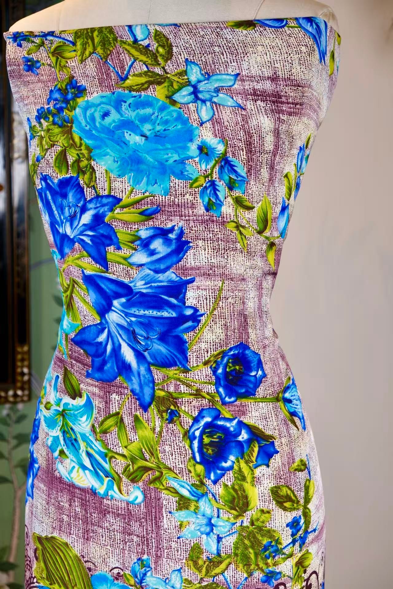 布料名 -《蓝调幽谷·墨染繁花》—— 100% 重磅真丝印花绸 | Fabric Name - “Azure Valley & Ink Bloom” – Premium Mulberry Silk Habotai