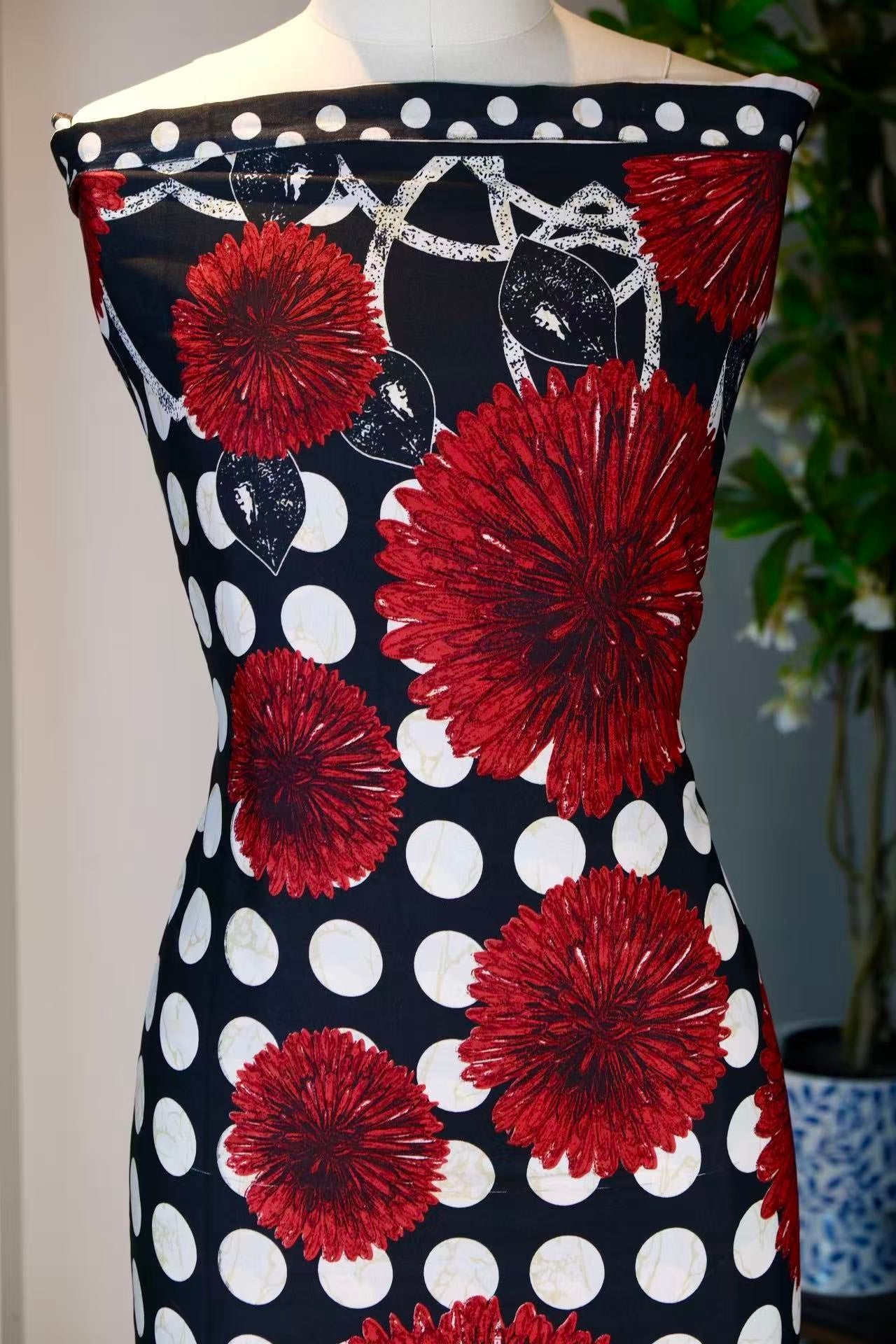 布料名 - “绯红波普之圆：六十年代幻影下的重瓣大丽花真丝艺术面料” | Fabric Name - "Scarlet Pop Circles: 1960s Visionary Dahlia & Polka Dot Artisan Silk Fabric"