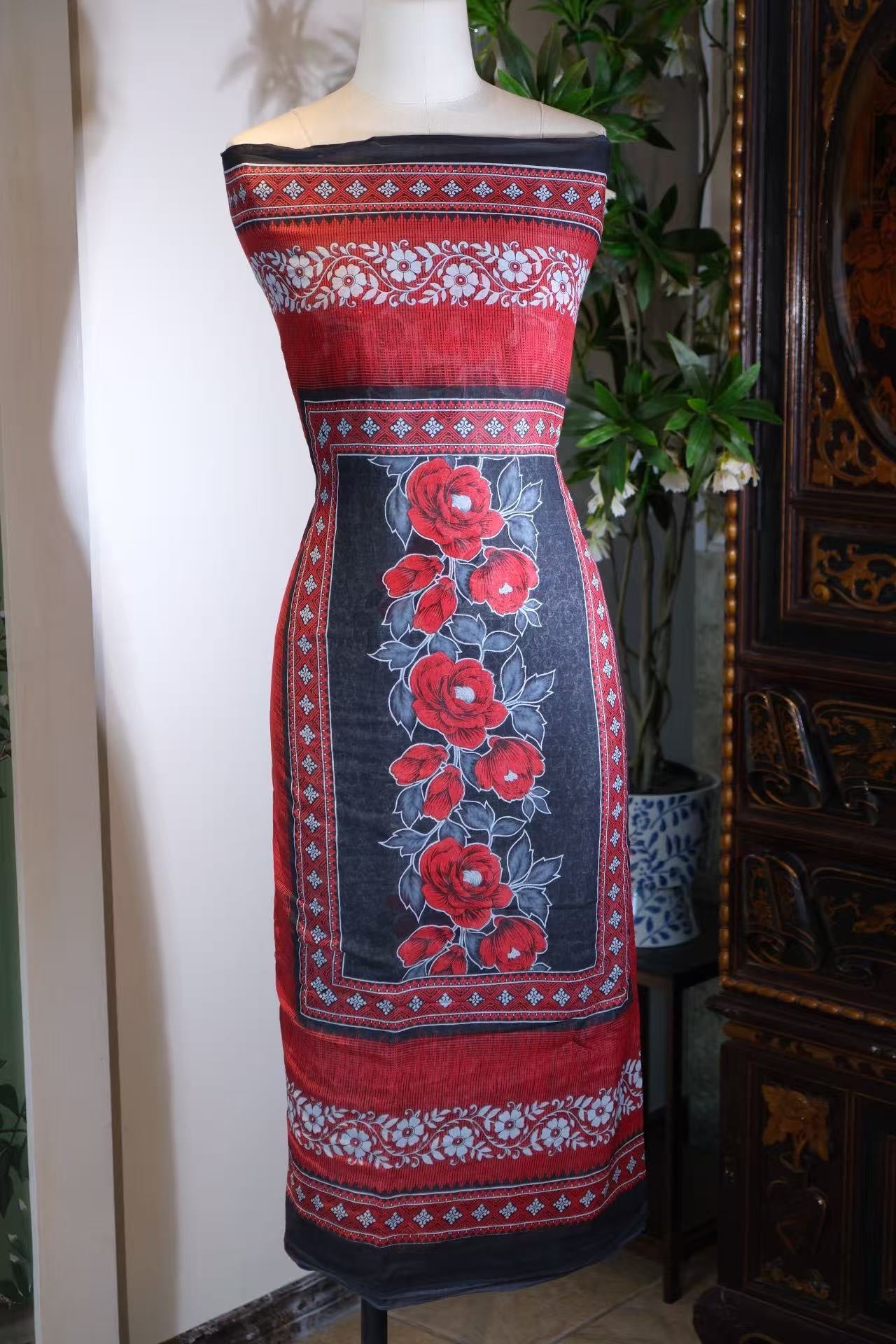 布料名 -《浮光疏影·黛蓝卷草衬朱砂玫瑰纹》100%桑蚕丝面料 | Fabric Name - "Floating Shadows & Lustrous Vines" – Vermilion Rose Motif on Dusty Blue Scrollwork (100% Mulberry Silk)
