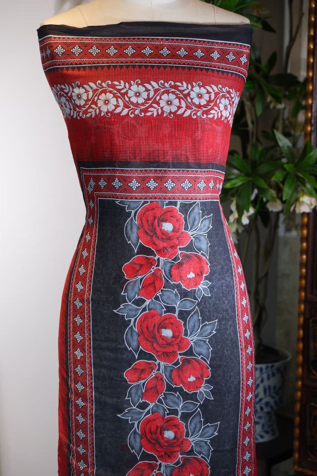 布料名 -《浮光疏影·黛蓝卷草衬朱砂玫瑰纹》100%桑蚕丝面料 | Fabric Name - "Floating Shadows & Lustrous Vines" – Vermilion Rose Motif on Dusty Blue Scrollwork (100% Mulberry Silk)