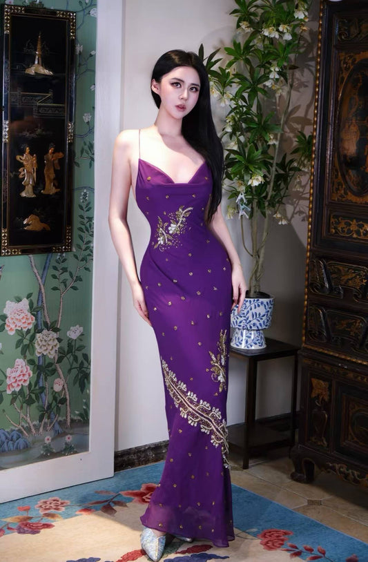 高定成衣 - 1930年代复古好莱坞风真丝斜裁钉珠礼服 | 紫金刺绣露背系带手工长裙 | Luxury Ready-to-Wear (RTW) - 1930s Vintage style sequined beaded Silk Bias Cut old Hollywood Gown|Purple and Gold Embroidered Backless Tie-Dye Long Dress|Hand-Made Dress