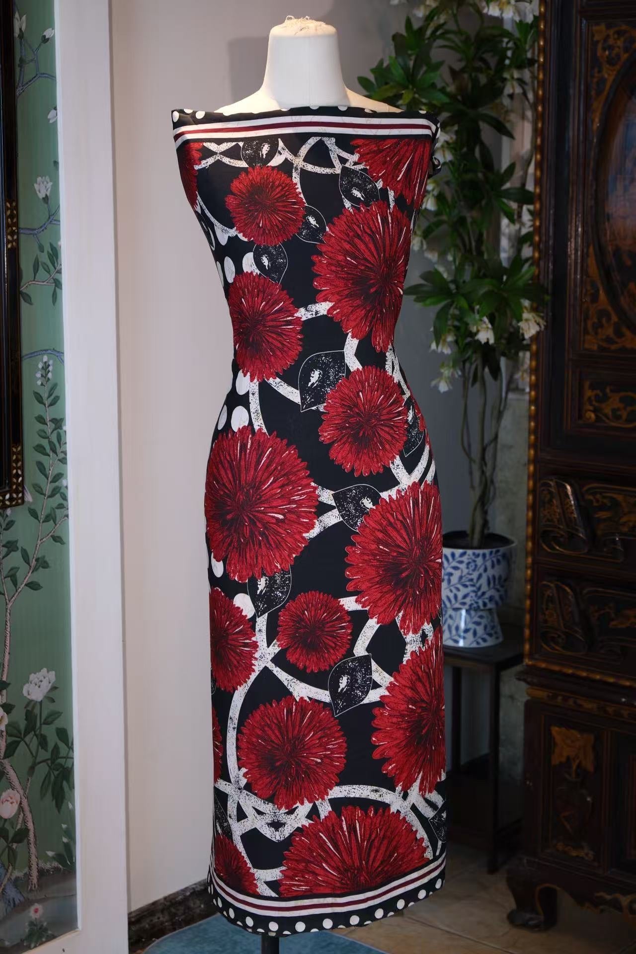 布料名 - “绯红波普之圆：六十年代幻影下的重瓣大丽花真丝艺术面料” | Fabric Name - "Scarlet Pop Circles: 1960s Visionary Dahlia & Polka Dot Artisan Silk Fabric"