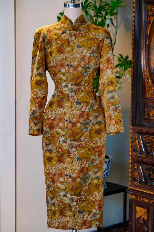 60年代 - 维港金晖·斜纹羊毛印花古董旗袍 | 1960s - Victoria Harbour Sunset Glow: Vintage Twill Wool Printed Cheongsam