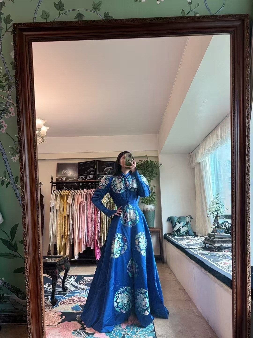 Vintage 长裙 - 👑 宝蓝回溯：清代典藏面料30s羊腿袖复古宫廷长礼服 | Vintage Maxi Dress - "Royal Blue Retrospect": Qing Dynasty Archival Fabric 30s Leg-of-Mutton Sleeve Vintage Court Long Gown